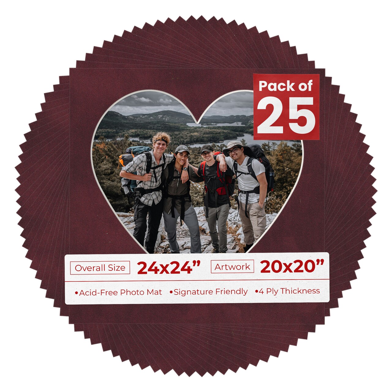 Dark Red Suede Mat Board for 24x24 Frames - Heart Opening for 20x20 Photos